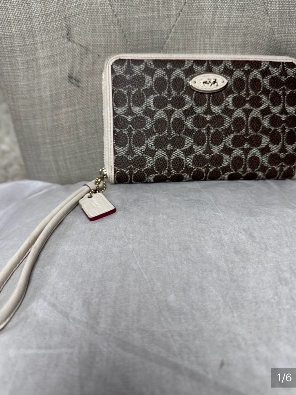 Coach Brown & Cream Signature Canvas Wristlet with Charm